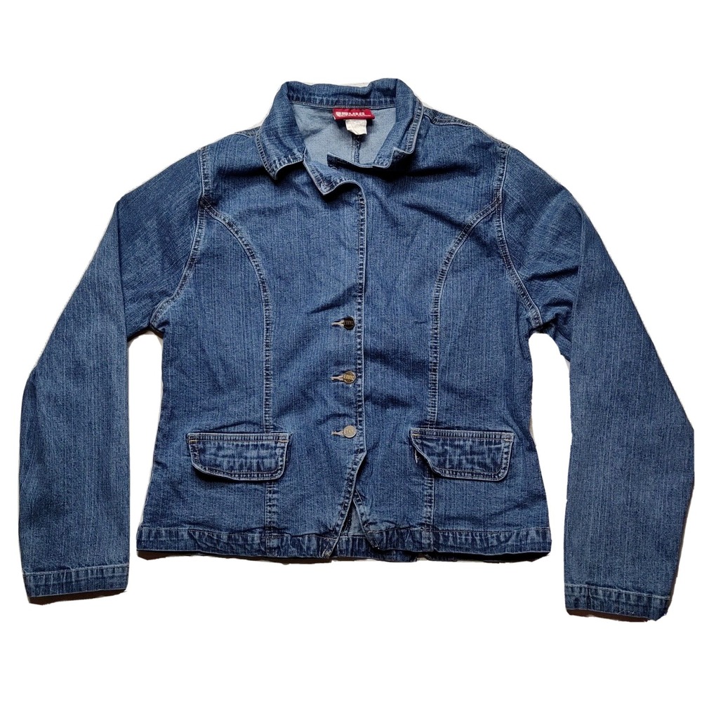ETHYL VINTAGE DENIM Women Large Blue Stretch Denim Trucker Jacket